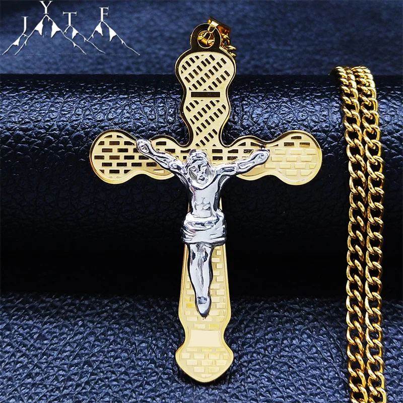 Christian Jesus Stainless Steel Big Long Cross Chain Necklace Gold