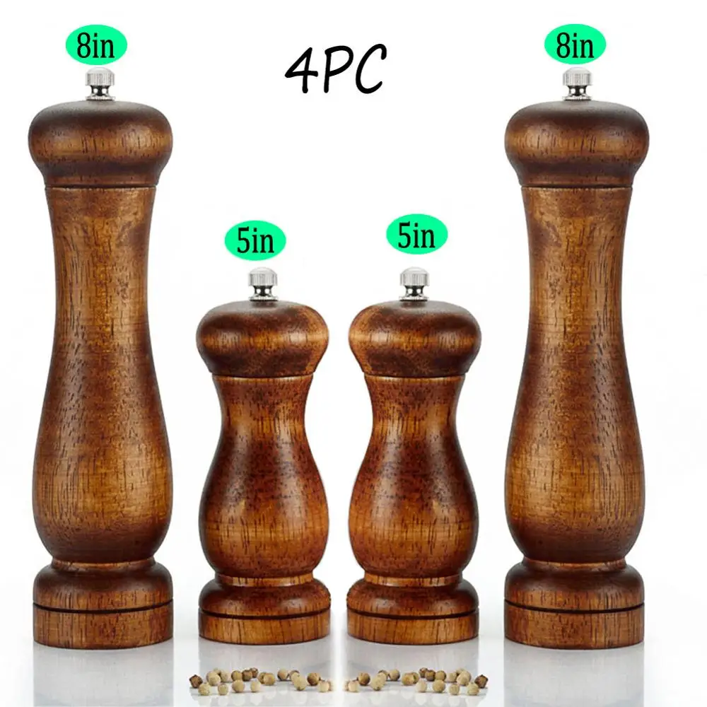 4PC 8inch 5inch 4 шт., мельница для перца дуба, грубая соль, твердая деревянная мельница для перца дуба, ручная с регулируемым керамическим сердечником, кухонные инструменты - Цвет: 4PC 8inch 5inch