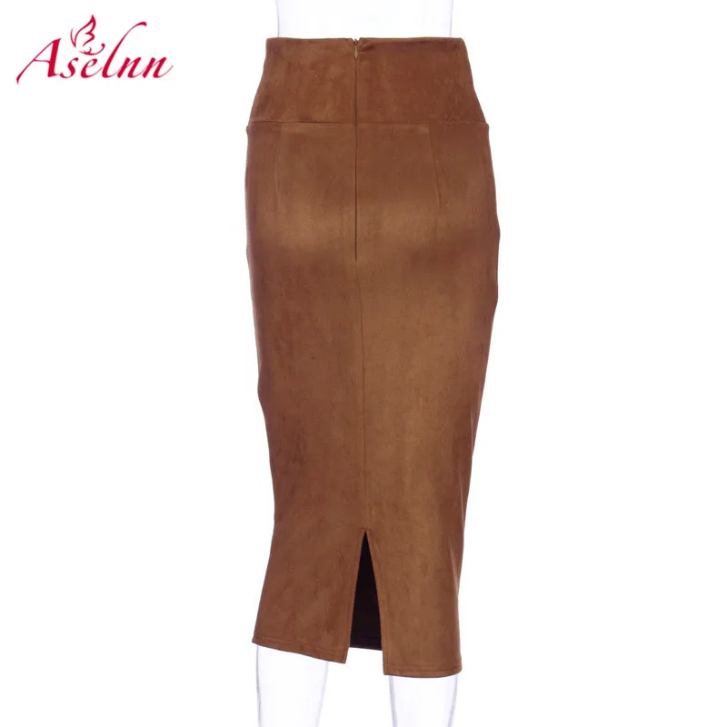 Aselnn, женские замшевые юбки-карандаш с разрезом, для женщин, Осень-зима, высокая талия, облегающие, Ретро стиль, одноцветные, стрейч-юбки, уличная одежда