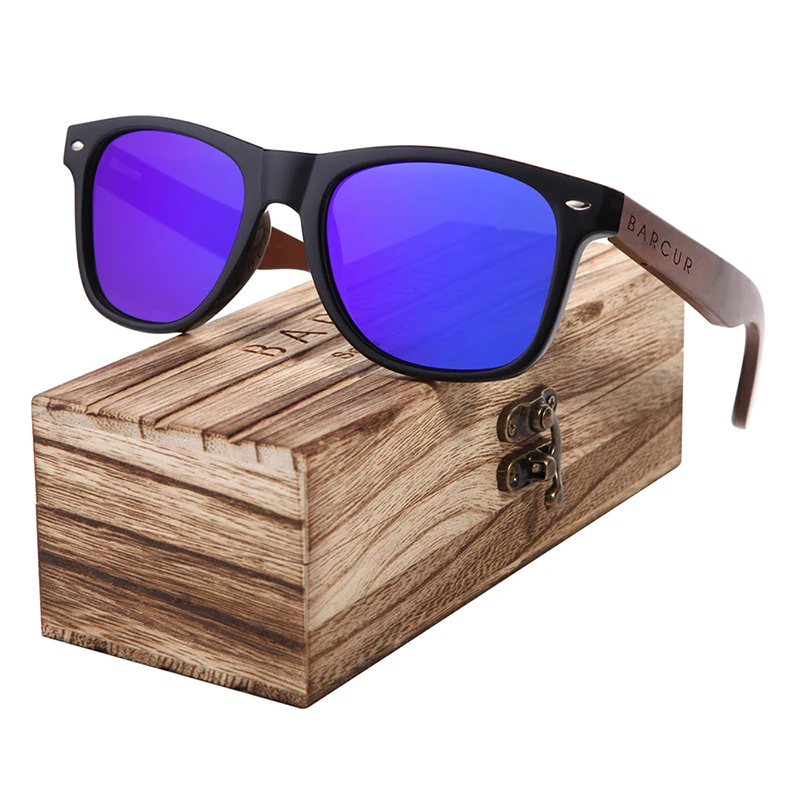 BARCUR черные солнцезащитные очки из орехового дерева, поляризационные солнцезащитные очки, мужские очки с защитой от уф400 лучей, деревянная оригинальная коробка