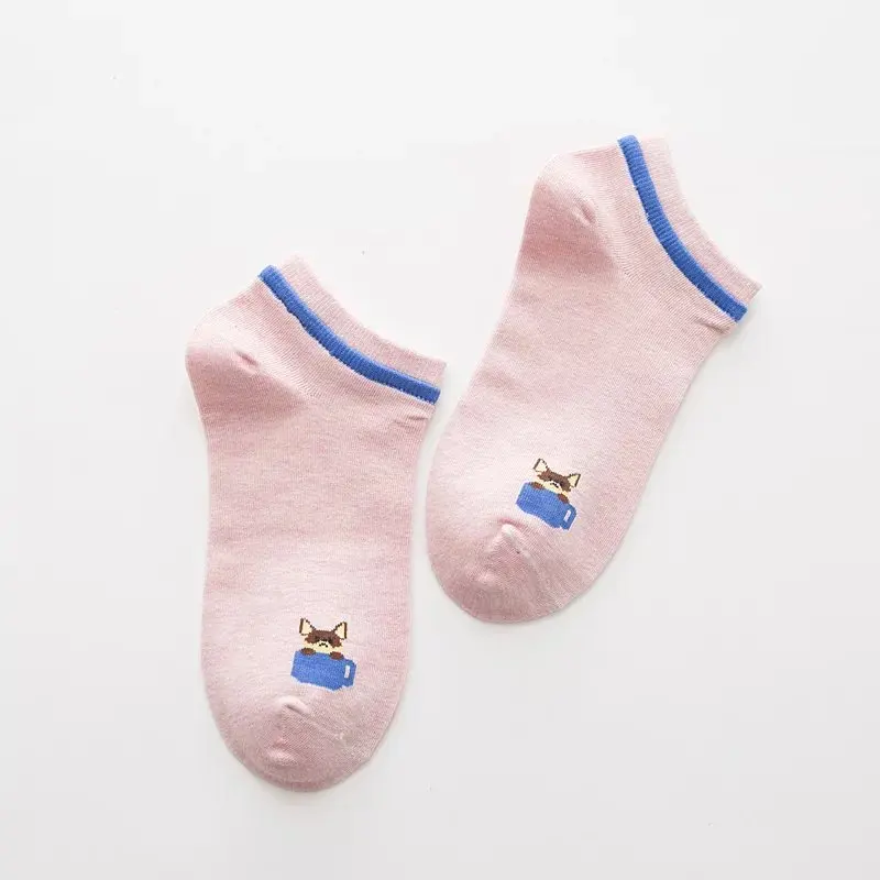 New Women's Socks Fresh All-cotton Women's Boat Socks Cartoon Dog Double-lugged Pure-color Women's Socks  Kawaii socks.