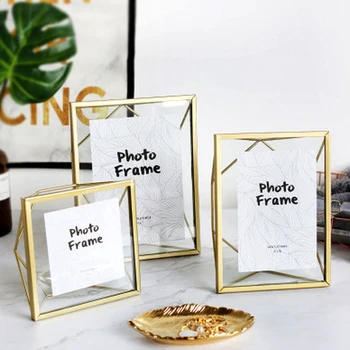 

Nordic Gold Metal Glass Photo Frame Portrait Holder Golden Wedding Geometric Bracket Black Pictures Frames Decoration Ornament