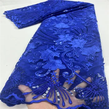 

Royal Blue latest african lace fabric high quality french net embroidery blue sequins tulle lace fabric for nigerian party dress