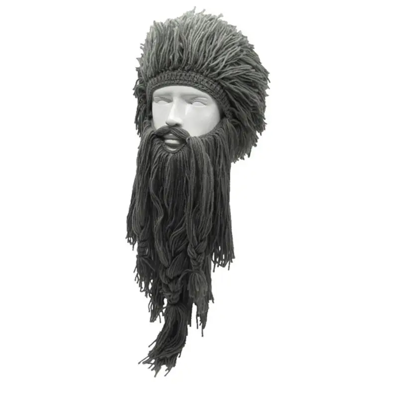 Men Women Barbarian Viking Handmade Knit Wig Hat with Detachable Long Fake Beard Funny Crazy Halloween Cosplay Warm Beanie Cap