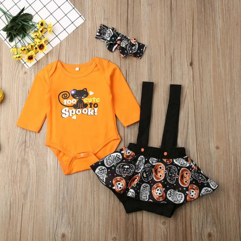 

2019 Kids Toddler Baby Girls 0-24M Pumpkin Bodysuit Tops Strap Dress Halloween Clothes