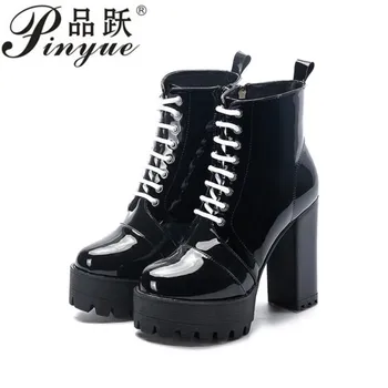 

Ankle Boots Women Faux Leather Platform Block Chunky Thick Ultra High Heel Gladiator Shoes Bootie European size 34--39