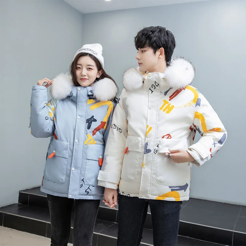 The new 2021 Little Devil Short Trend-brand down jacket Winter couples jacket with thick white duck down warm coat men big fur