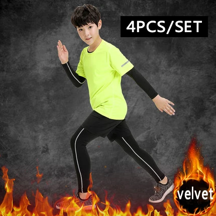 velvet green 4pcs Детские компрессионные штаны для бега для мальчиков; комплект с рубашкой; survetement; спортивные штаны для футбола; леггинсы; Бархатные костюмы - Цвет: velvet green 4pcs