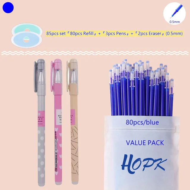85Pcs/Set Blue Black Ink Gel Pen 0.5mm Erasable Refill Rod Erasable Pen Washable Handle School Writing Kawaii Stationery Gel Pen 0.5mm Blue set E
