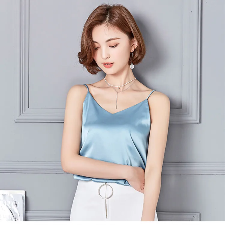 

Spaghetti Strap Top Women Halter V Neck Basic White Cami Sleeveless Satin Silk Tank Tops Women'S Summer Camisole Plus Size
