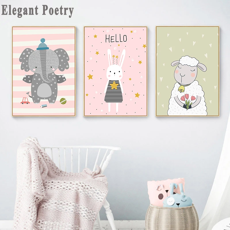 

Kawaii Wall Canvas Nursery Poster Print Cartoon Elephant Sheep Rabbit Painting Nordic Kids Decor Picture Baby Living Room Decor