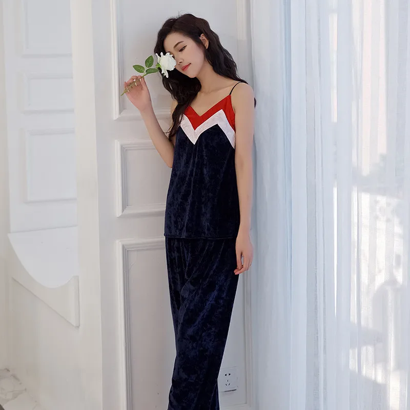 Women Sleepwear Pajamas Set 3 Pieces gold Velvet Warm Sexy Stripe Pajamas Winter Sleepwear Long Sleeve Long Pants home clothing