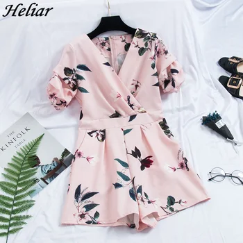 

HELIAR 2019 Women Sexy playsuits and jumpsuits Printed V'neck Jumpsuits Rompers Half Pleated Sleeve Party Female Pink Jumpsuits