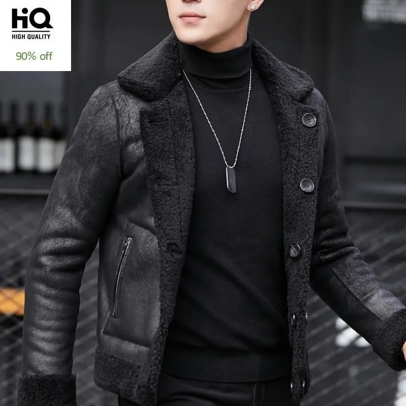 

Winter Mens 100% Wool Shearling Jacket Warm Suede Leather Jacket 5XL Overcoat Single Breasted Short Real Lamb Fur Coat