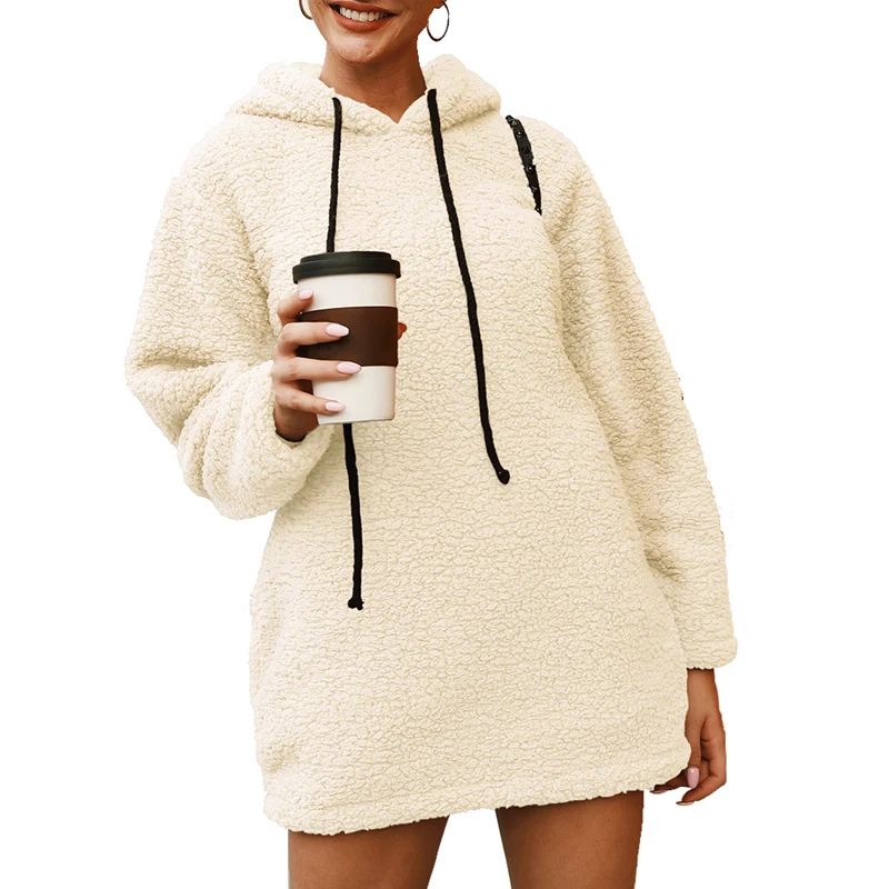 Beige Sfit Women's Autumn Winter Fleece Long Sleeve Sweatshirt Pullover Jacket Coat Solid Loose Warm Casual Hooded Tops Streetwear - Цвет: Beige