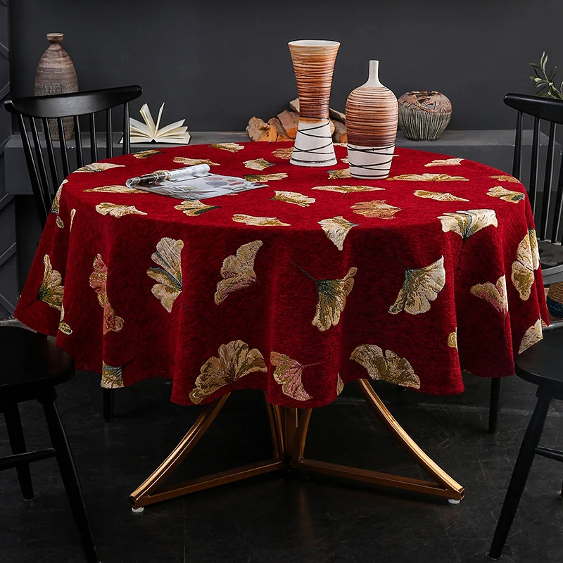 Chenille New Chinese Style Round Luxury Tablecloth Wine Red Blackish