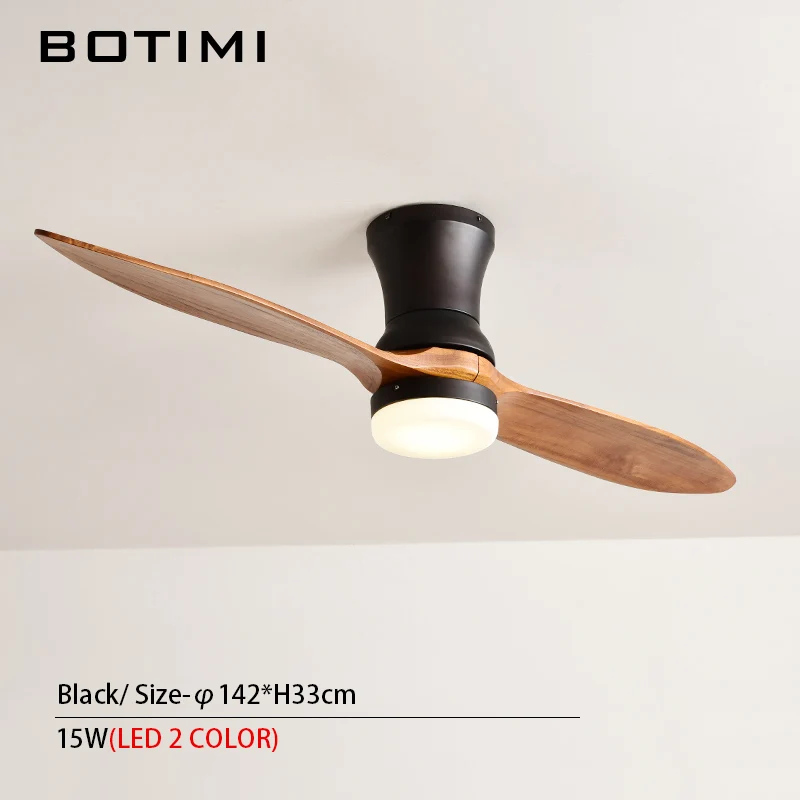 BOTIMI скандинавский 220V светодиодный потолочный вентилятор с пультом дистанционного управления для низкого потолка 2 деревянные лопасти потолочный вентилятор лампа Декор Vantilator - Цвет лезвия: Black Base