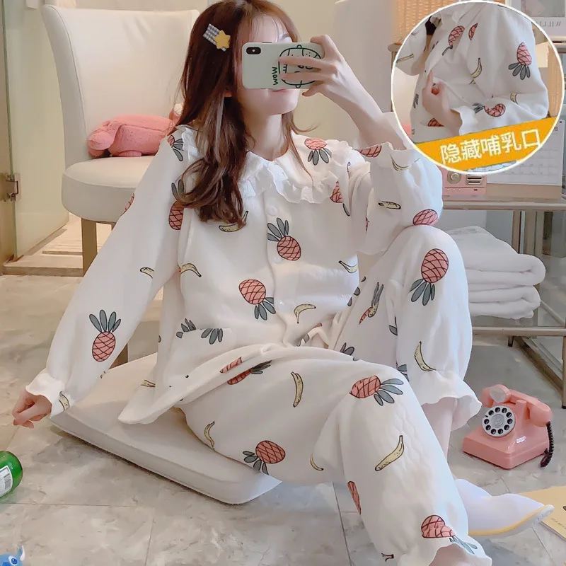 

Confinement Clothing Autumn And Winter Thick Air Layer Pregnant Women Pajamas GIRL'S Padded Maternal Lactation Garment Postpartu