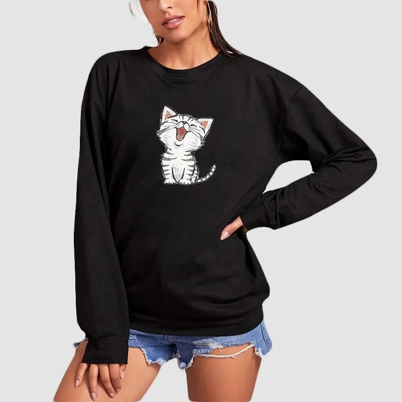

Plus Size Sweatshirt Cute Cartoon Cat Print Women Hoodeis Autumn Long Sleeve Hooded Fashion Female O-Neck Loose Pullover Tops