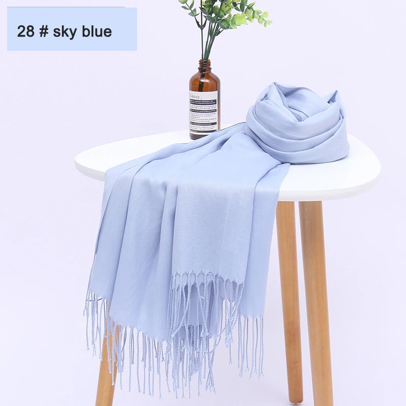 28 sky blue Женские однотонные хлопковые шарфы с кисточками, женский зимний тонкий весенний шарф, летняя роскошная женская шаль, теплый шарф для женщин - Цвет: 28 sky blue
