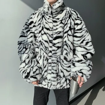 

Winter Warm Men's Faux Fur Coat Thick Turtleneck Tiger Pattern Zebra Pattern Men Winter Coat K12