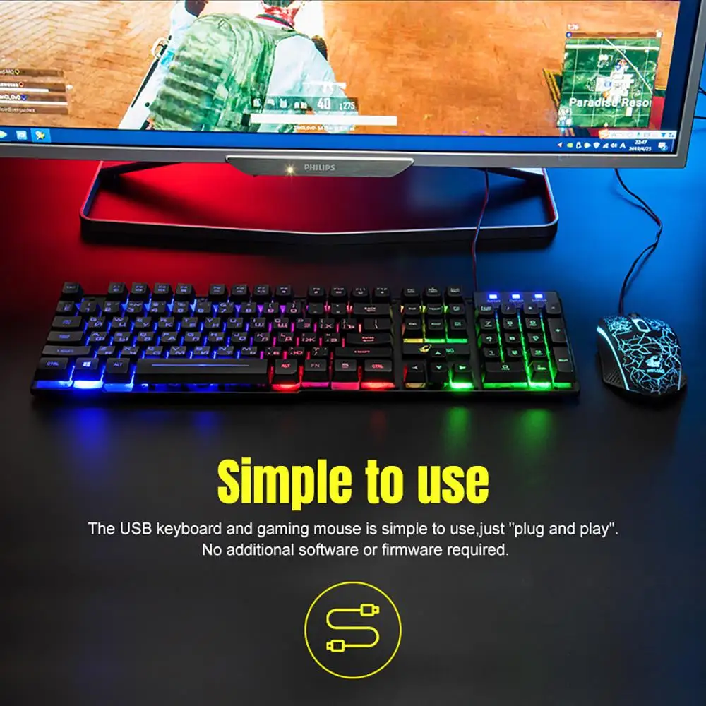 VicTsing XR992 Gaming Keyboard And Mouse Set Rainbow Backlight USB Ergonomic For PC Laptop Gamer Games Mouses And Keyboards Kit (6)