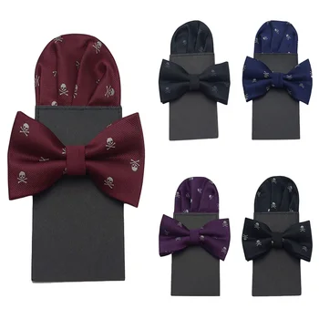 

Men Stylish Skull Print Bowtie Pocket Square Set Bow Tie Pre-folded Party Hanky