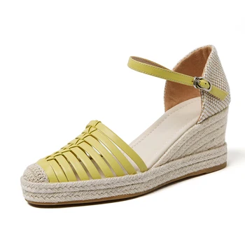 

Genuine leather Sandals for Women Wedges High Heel Shoes Beige Yellow Sandalias De Verano Para Mujer