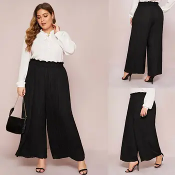 

Women's Long Loose Wide Leg pants Black Chiffon ruffles Pleated Culotte Trousers Pants large size 5XL