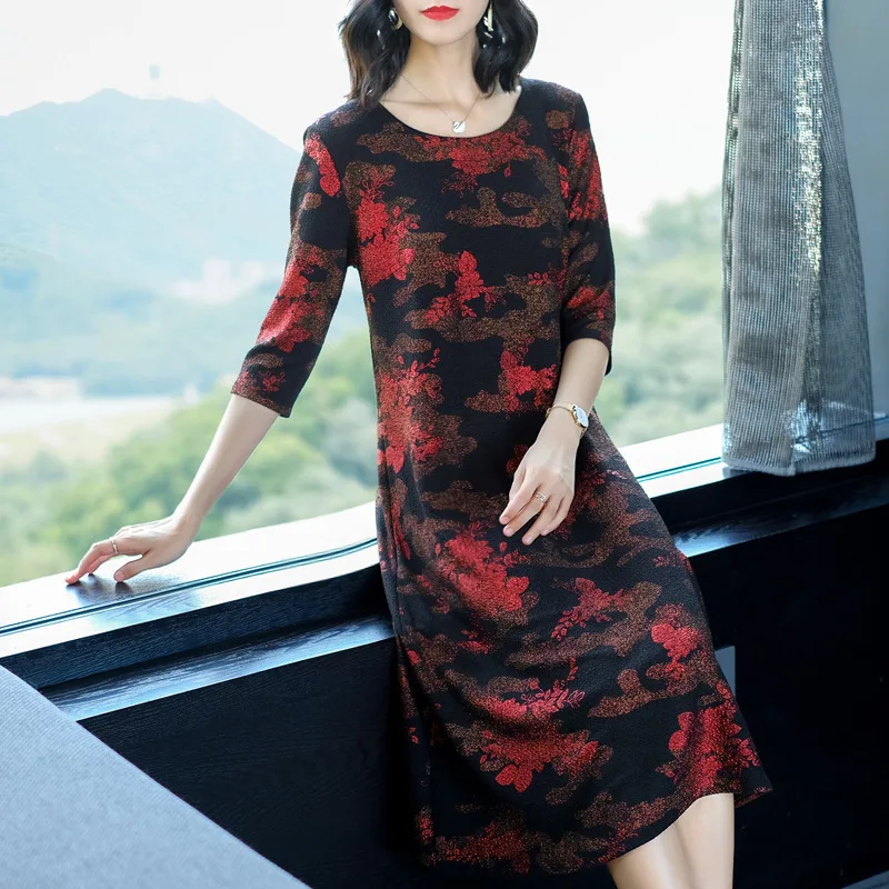 

2018 Autumn New Style Large Size Dress Loose-Fit Slimming Ladies' Elegant Mid-length Three-quarter-length Sleeve Floral Printed
