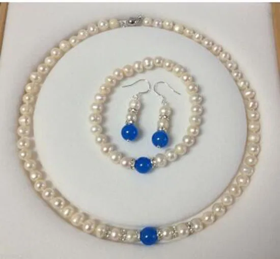Hot7-8mm White Akoya Cultured Pearl Blue Sapphire Necklace Bracelet Earrings Set
