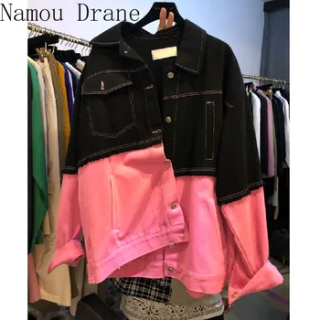 

2020 New Autumn Korean Dongdaemun New Fashion Contrasting Color Stitching Burr Lapel Loose Denim