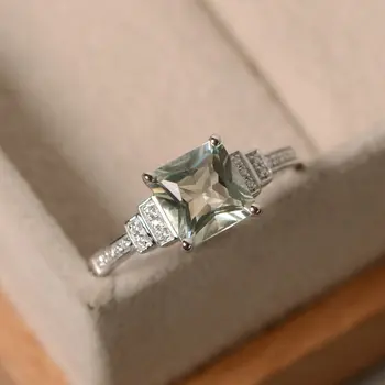 

2020 New S925 Silver Inlaid Full Diamond Light Green Topaz Square Diamond Zircon Ring Platinum Plated for Girlfriend Ring Gift
