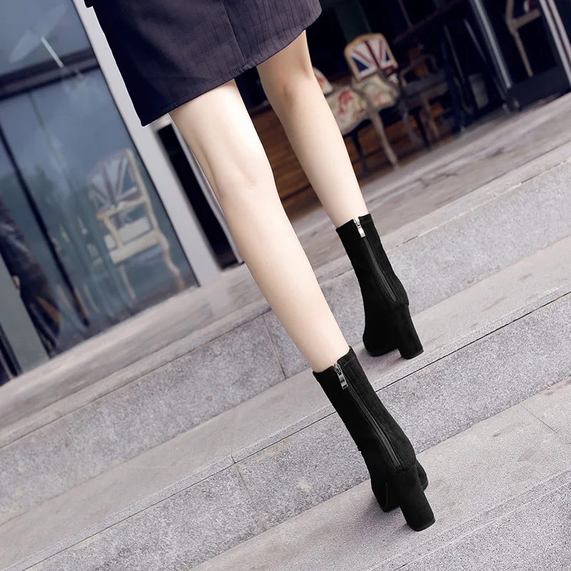 

2019 Autumn New Style Middle Boots Black Frosted Mid-top Boots Semi-high Heeled High-Heel Boots Pointed Toe Chunky Heel Short Bo