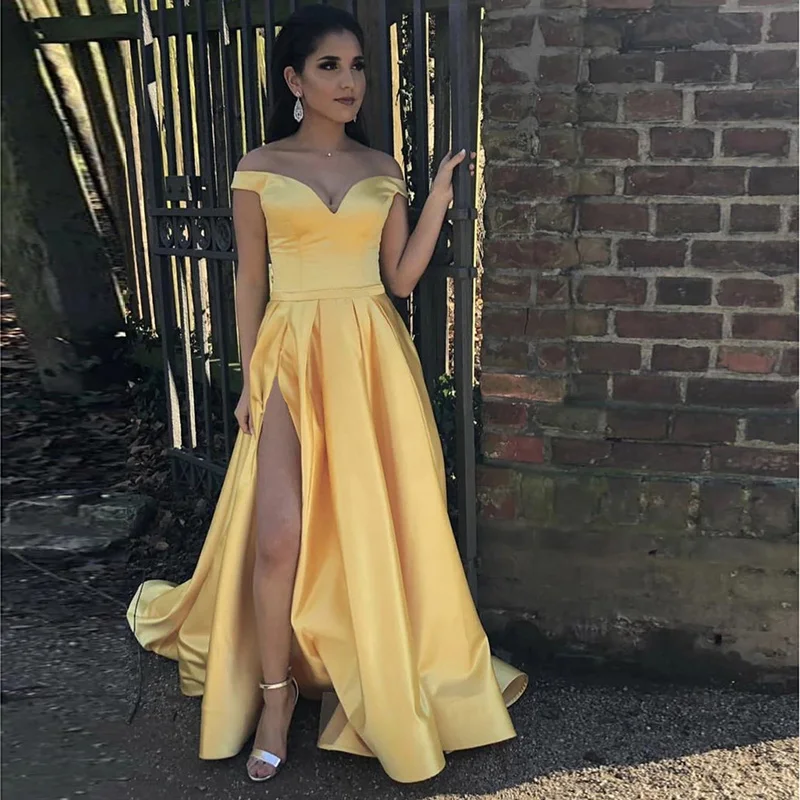 Vestido de festa, вечернее платье, длинное,, вырез лодочкой, с открытыми плечами, элегантное вечернее платье, атласное, с разрезом сбоку, для вечеринки, выпускного вечера, Vestido