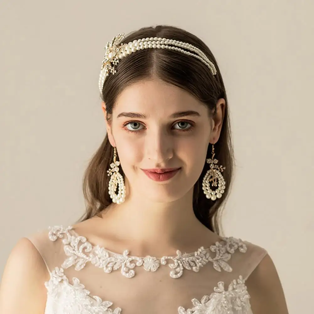 

O534 Vintage beaded pearl wedding headbands festival novelty fashion design hairband bridal tiara and matching earrings