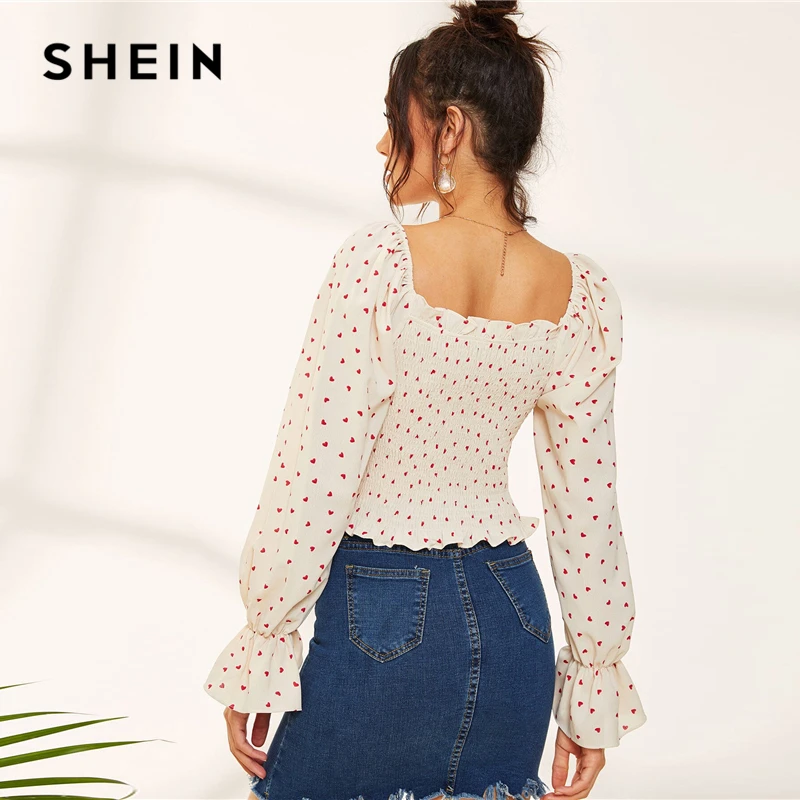 SHEIN бежевый с принтом сердца, с квадратным вырезом, укороченная блузка, топы для женщин, осень, Boho, рукав-волан, гофрированный подол, рубашки, женские блузки