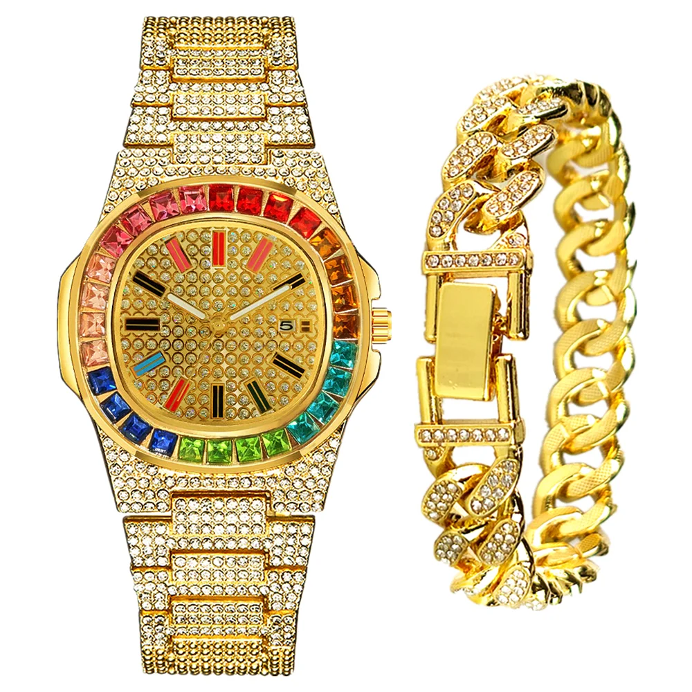 2pcs Bracelet Watches for Men Women Luxury Iced Out Watch Clock HipHop Men Gold Cuban Chain Watch Men Gift Set Relogio Masculino 2pcs set iced out watch tennis bracelet for men women luxury cool hip hop gold mens watch set clock watches religio masculino