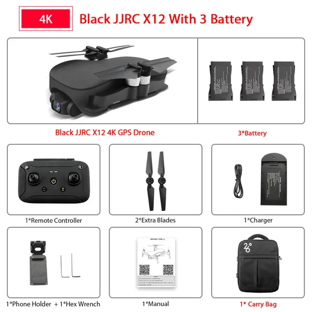 JJRC X12 три-axi PTZ 5G HD БПЛА 4K Антенна gps оптический поток позиционирования длительный срок службы батареи Профессиональный RC вертолет - Цвет: Black 4K 3Battery