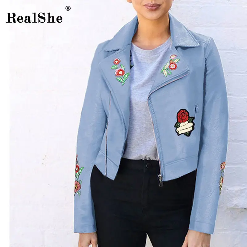 RealShe негабаритная куртка женская с лацканами с длинным рукавом вышивка молния Черная Кожаная Куртка Осень Зима Повседневная Плюс Размер Пальто для женщин