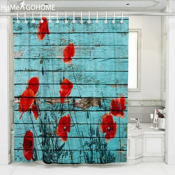 

Turquoise Wood Red Flower Shower Curtains Bathroom Curtain Waterproof Bath Curtain Mildewproof Washable Customizable Large Size