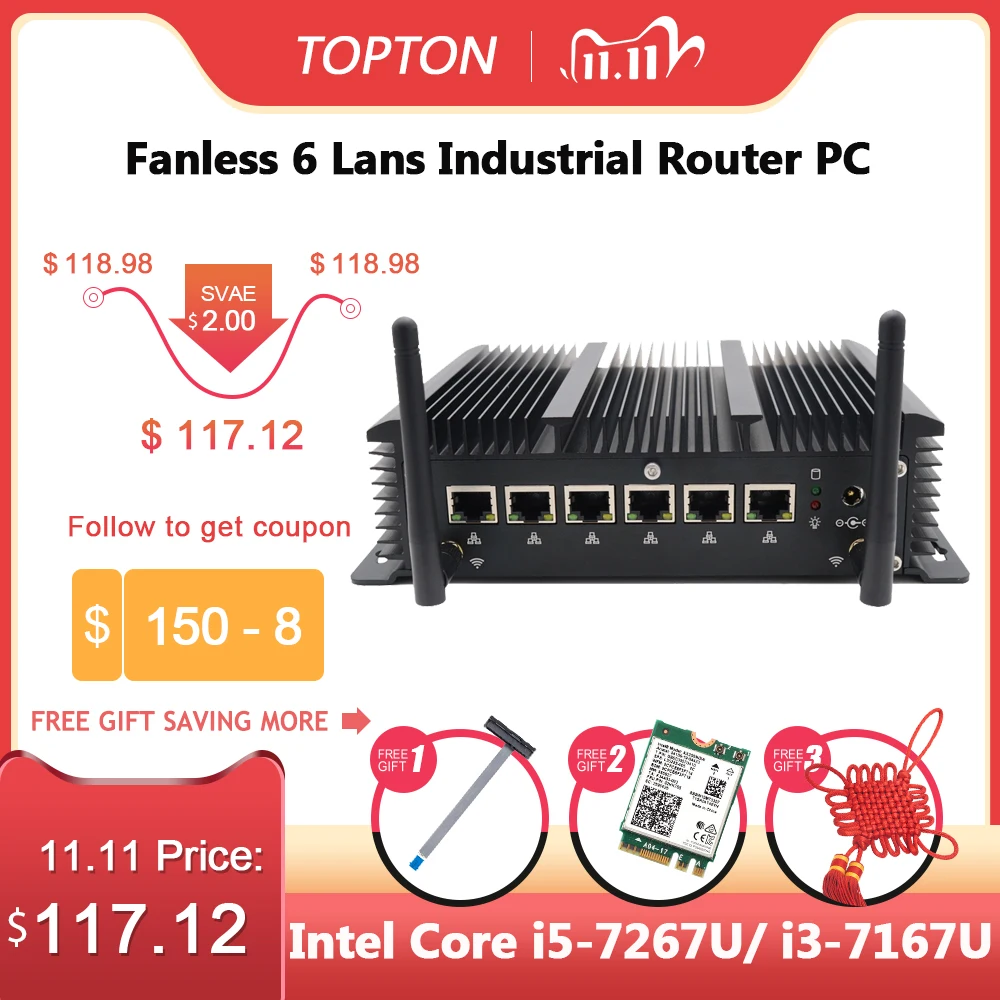 Промышленный мини ПК Topton без вентилятора 6 сетей Intel Core i5 7267U i3 7167U брандмауэр Pfsense