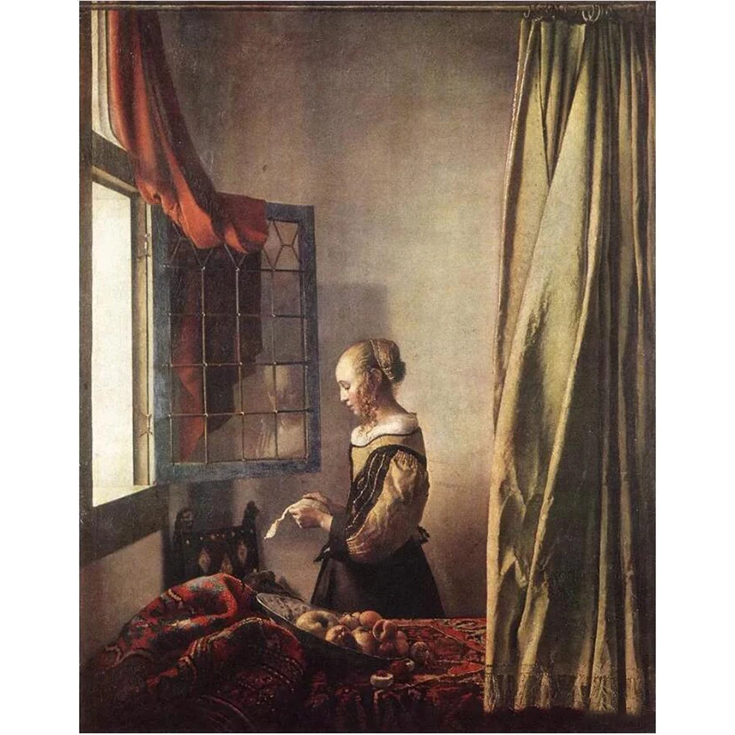 窗前读信的少女