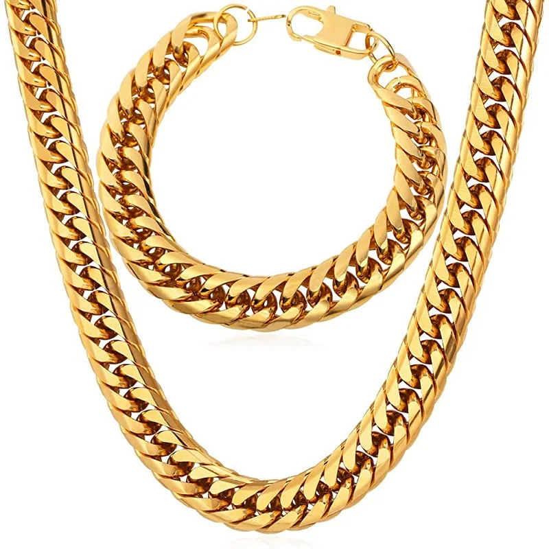 

Мужская толстая цепочка ожерелье браслет набор из нержавеющей стали золотой цвет 12 мм Широкий панцирная цепь подарок для отца или парня
