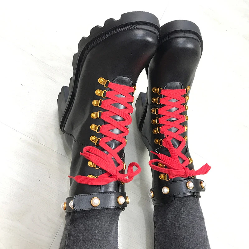 Real Leather Black Ankle Boots Women Round Toe Mixed Color Pearl Rivet High Heel Boots Woman Fashion Martin Boots