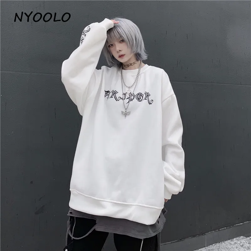 NYOOLO, Harajuku, уличная одежда, страшная девушка, с буквенным принтом, теплые толстовки, Осень-зима, Круглый ворот, пуловер, плюс бархат, Толстовка для женщин и мужчин