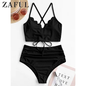 

ZAFUL Scalloped Lace-Up Ruched Tankini Swimsuit Petal Back Strap Shoulder Strap Set Criss Cross Crop Top High Waisted Swimsuit