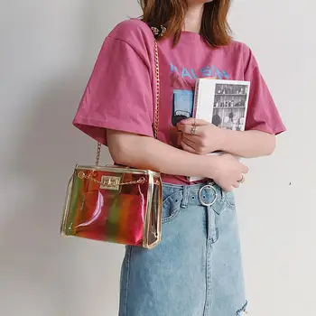 

Women Jelly Transparent Bag Square Package Super Chain Messenger Bag