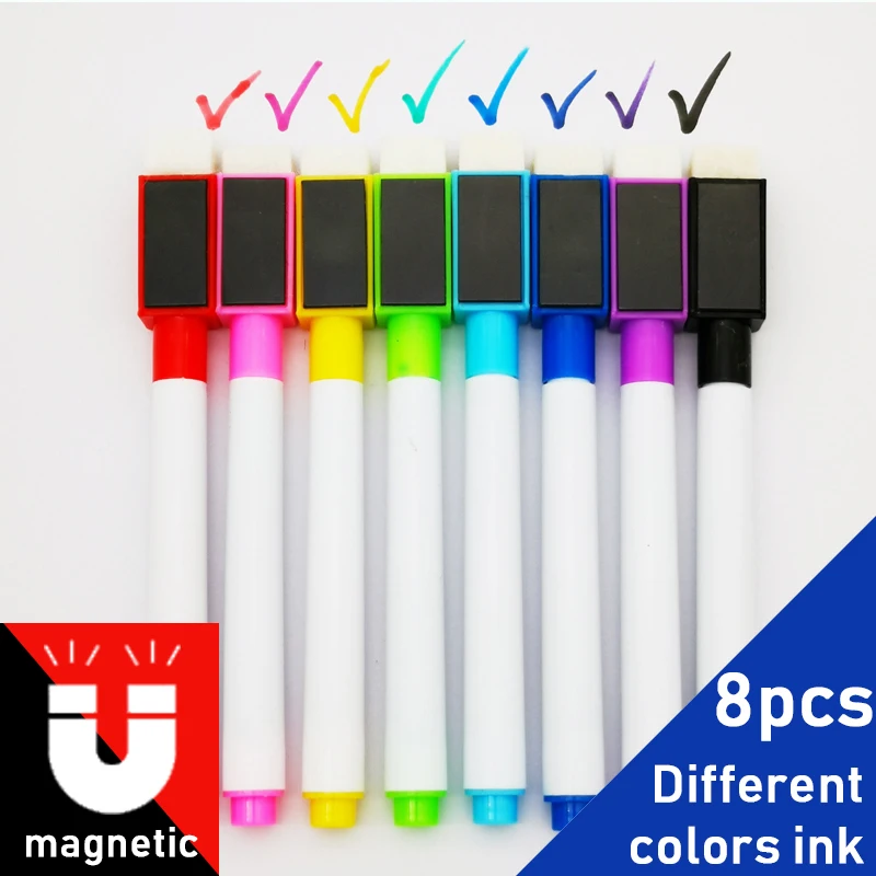8Pcs/lot Colorful Black School Classroom Supplies Magnetic Whiteboard Pen Markers Dry Eraser Pages Children's Drawing Pen Office