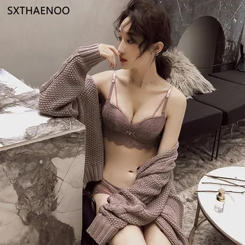

SXTHAENOO Sexy Female Sense Of The Temptation To Gather A Small Chest Bra Under The Care Of Lace Underwear Thick Cup Bra Set